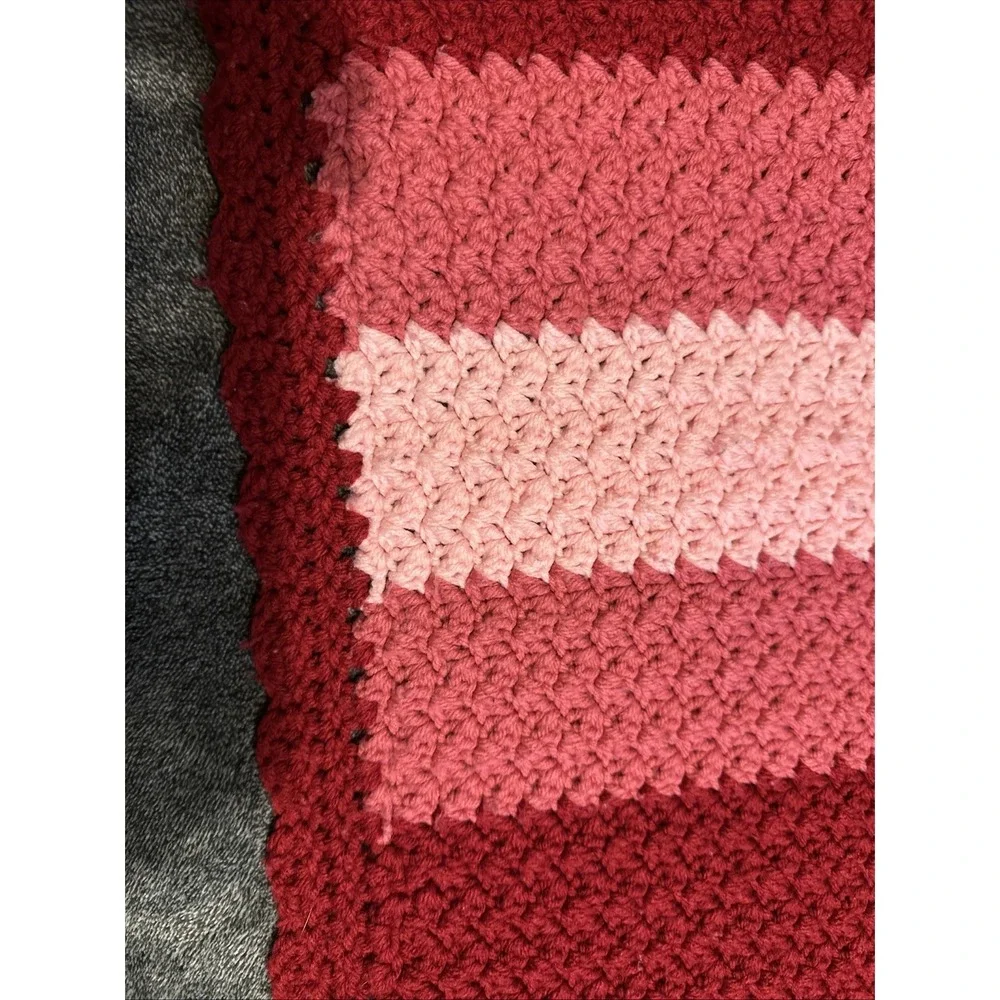 Crochet  Lap Throw Blanket Pinks Red Striped Scalloped Edge 68